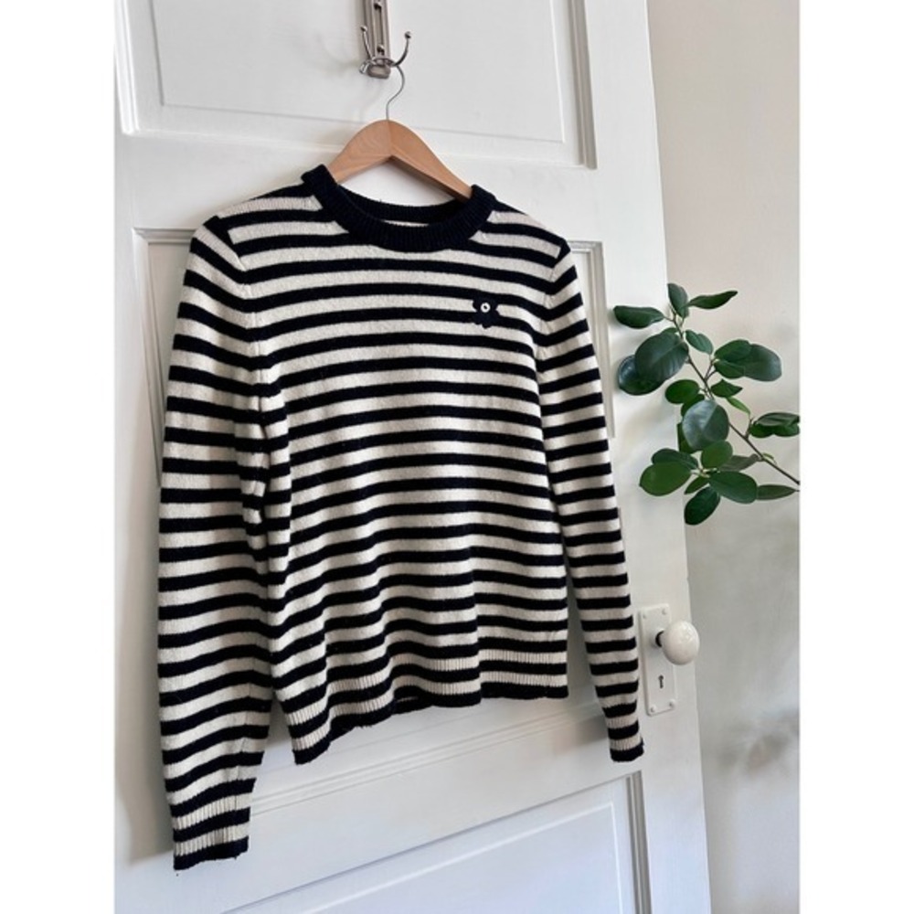 Marimekko Silfa Tasaraita Striped Wool Blend Unikko Flower Sweater Black White S